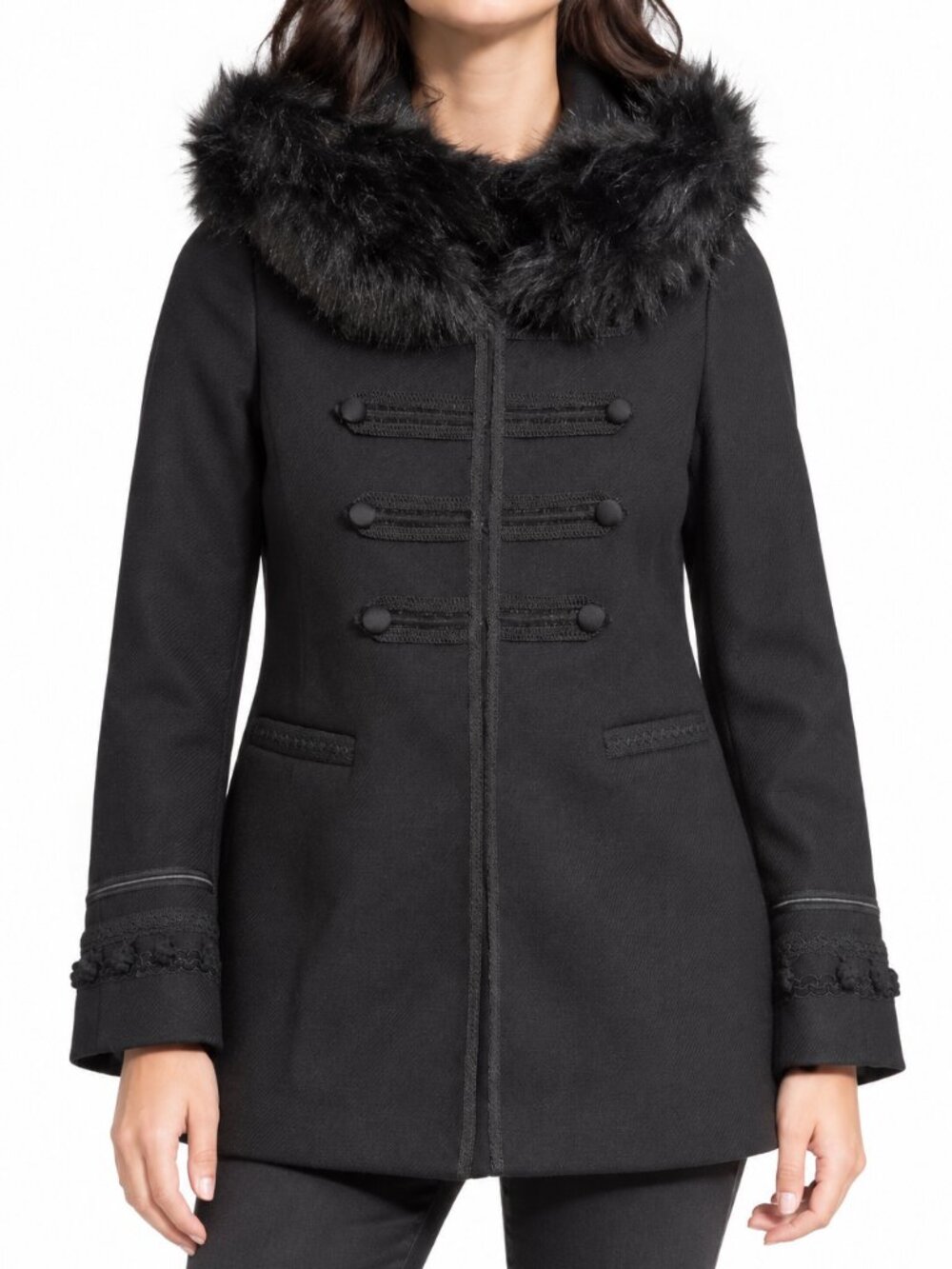 Zara Woman Black Military Style Hooded Coat with Faux Fur Trim